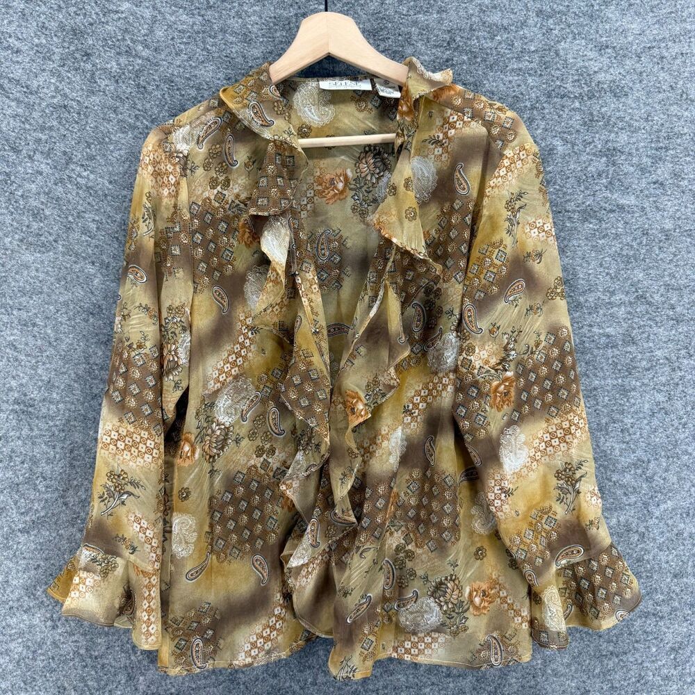 Selene Sport Blouse Women XL Brown Geometric Open Front Collared Long Sleeve